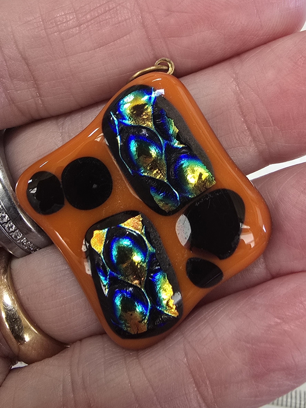 Hand Crafted Orange & Black Glass Pendant with Iridescent Accent - Unbranded